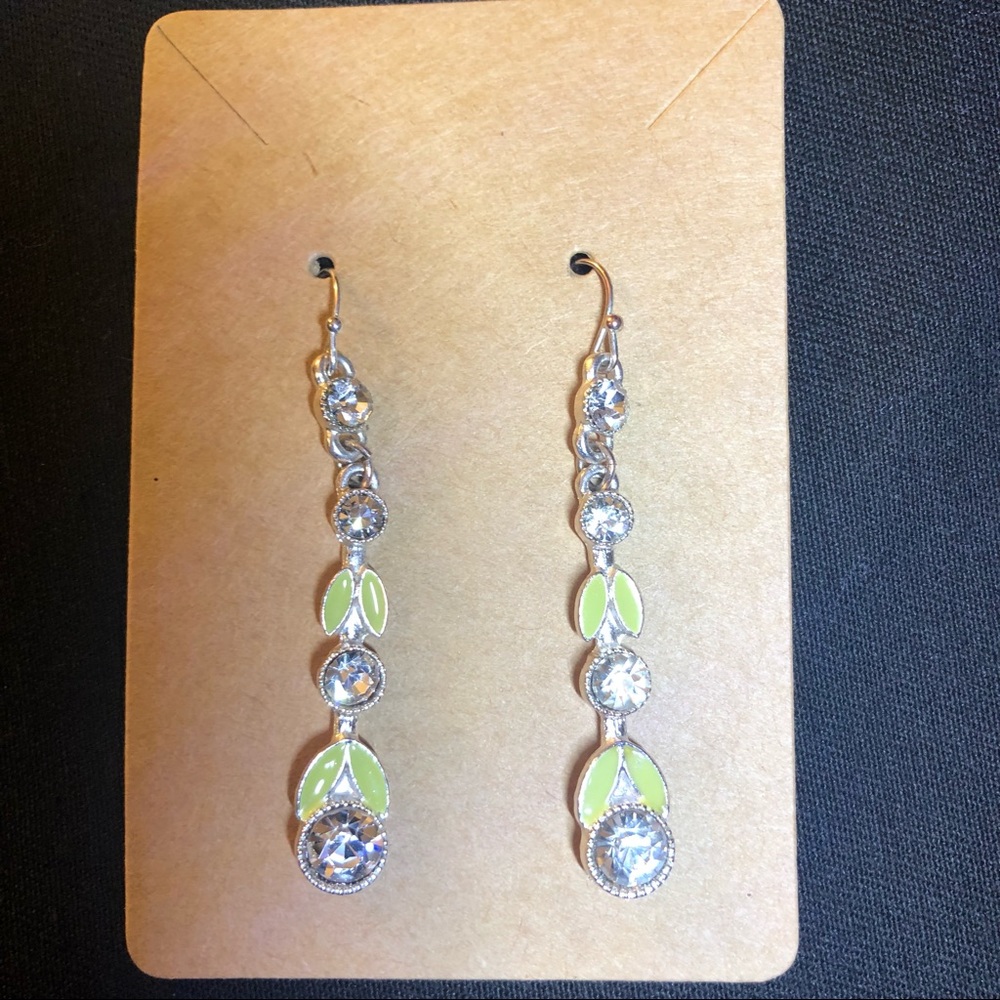 Silver, Faux Diamond & Tea Green Leaf Dangle - Bring In Spring Pierced Earrings